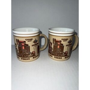 Vintage Las Vegas Souvenir Coffee Mugs Set 2 Schiff Japan Caesars Sands Aladdin